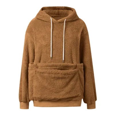 Women'S Fashion Casual Autumn And Winter Solid Color Double-Sided Fluffy Pet Pocket Hoodies