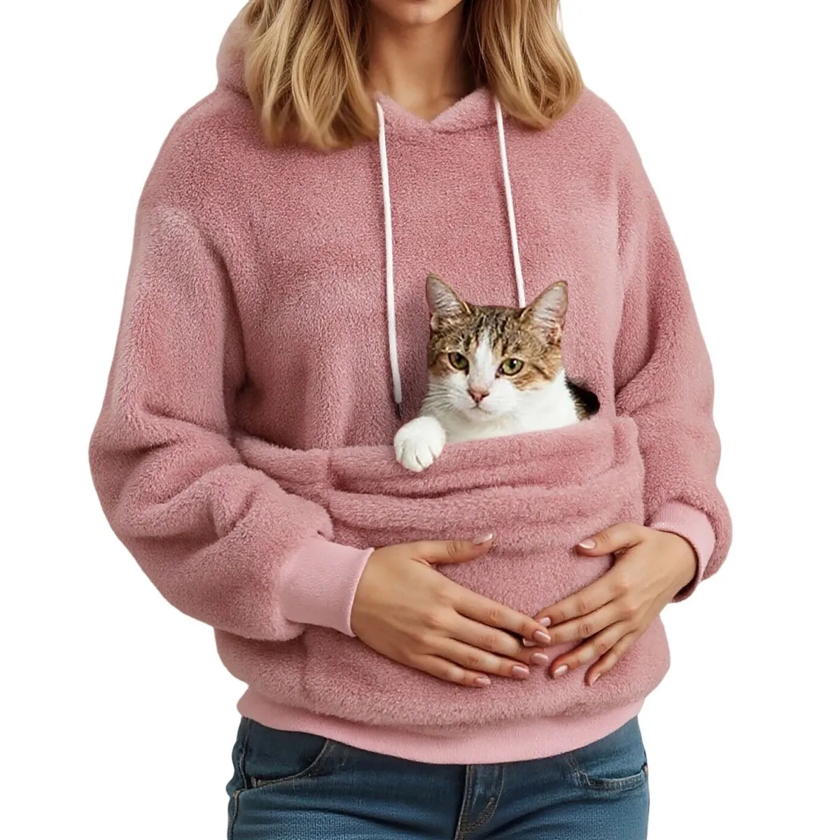 Women'S Fashion Casual Autumn And Winter Solid Color Double-Sided Fluffy Pet Pocket Hoodies