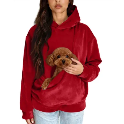 Women Fashion Casual Autumn Winter Solid Color Long Sleeve Pet Pocket Hoodies