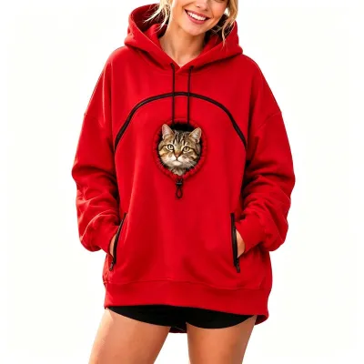 Women Fashion Casual Autumn Winter Velvet Solid Color Zipper Long Sleeve Pet Pocket Hoodies