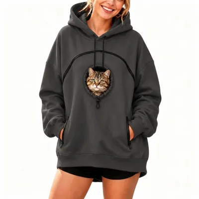 Women Fashion Casual Autumn Winter Velvet Solid Color Zipper Long Sleeve Pet Pocket Hoodies