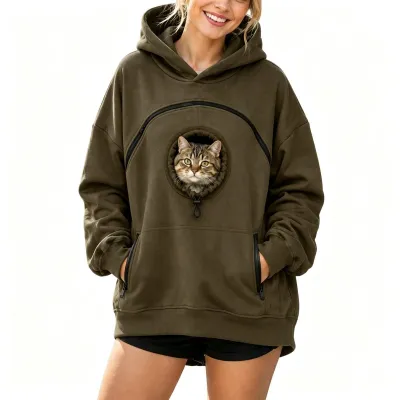Women Fashion Casual Autumn Winter Velvet Solid Color Zipper Long Sleeve Pet Pocket Hoodies