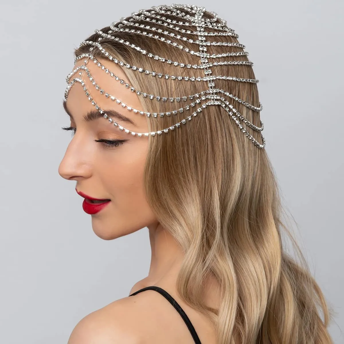 Women Fashion Exaggerated Multi-Layer Rhinestone Headwear Hair Chain