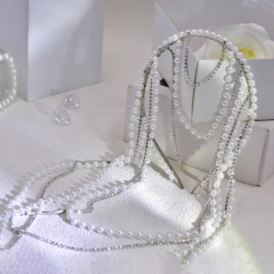 Women Fashion Elegant Exaggerated Pearl Rhinestone Tassel Headband Bride Accessories