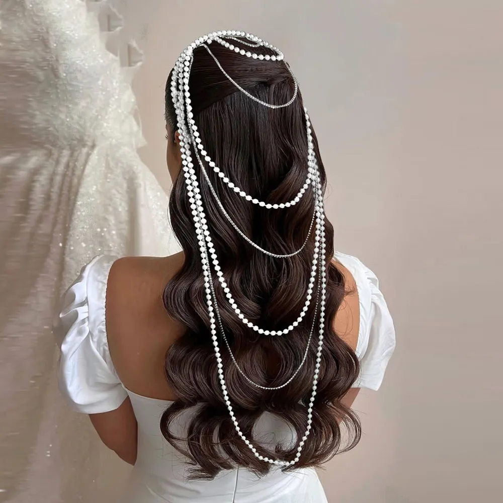 Women Fashion Elegant Exaggerated Pearl Rhinestone Tassel Headband Bride Accessories