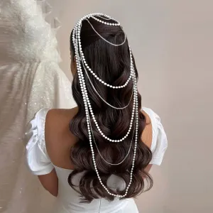 Women Fashion Elegant Exaggerated Pearl Rhinestone Tassel Headband Bride Accessories
