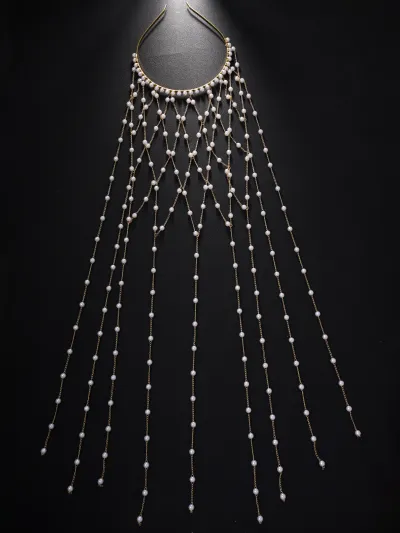 Women Fashion Tassel Grid Pearl Hair Chain Bridal Wedding Pearl Headdress