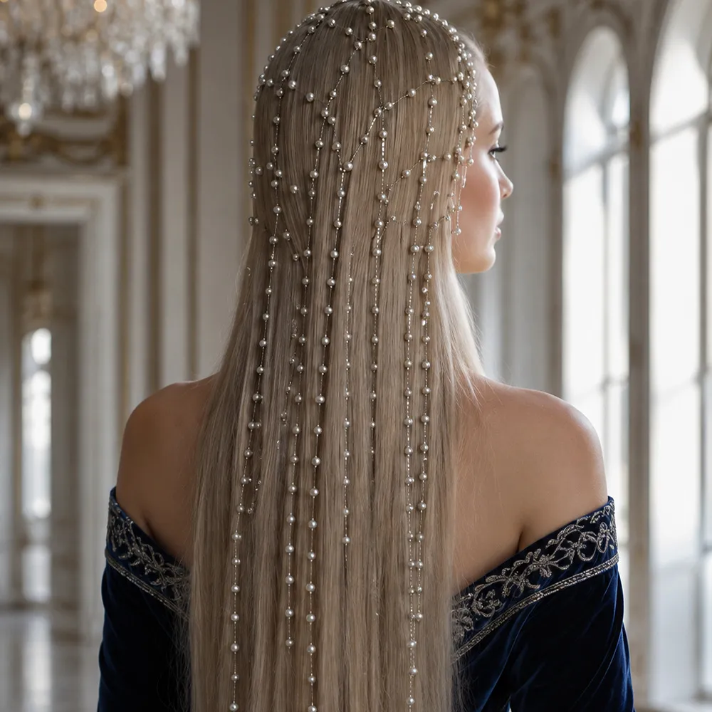 Women Fashion Tassel Grid Pearl Hair Chain Bridal Wedding Pearl Headdress