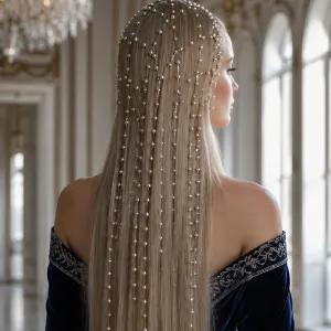 Women Fashion Tassel Grid Pearl Hair Chain Bridal Wedding Pearl Headdress