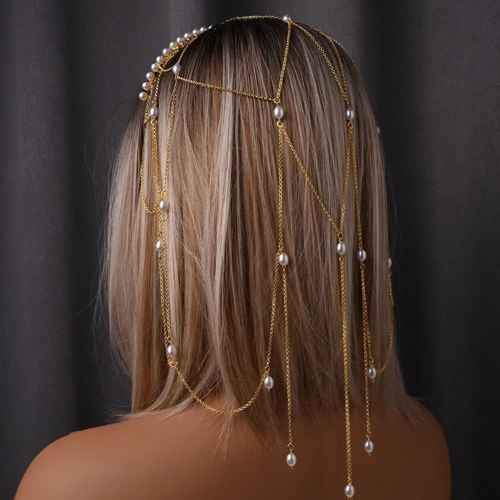 Women Fashion Mesh Tassel Pearl Headband Bridal Hair Accessories