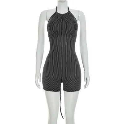 Women Fashion Sexy Solid Color Three-Dimensional Pit Halter-Neck Backless Rompers