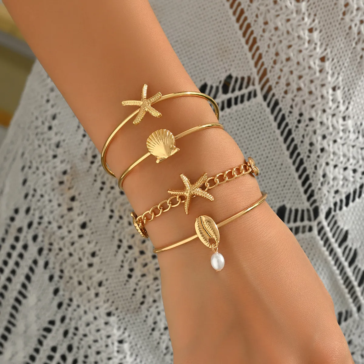Women Fashion Ocean Style Shell Starfish Opening Bracelet 4pcs/Set