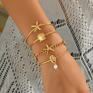 Women Fashion Ocean Style Shell Starfish Opening Bracelet 4pcs/Set