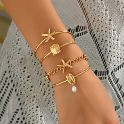 Women Fashion Ocean Style Shell Starfish Opening Bracelet 4pcs/Set