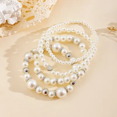 Women Fashion Love Pearl Beaded Stacked Bracelet 4pcs/Set