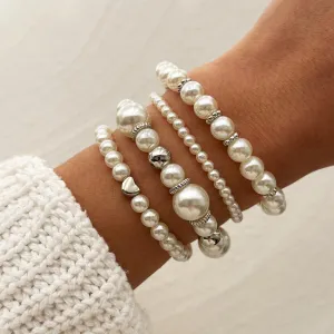 Women Fashion Love Pearl Beaded Stacked Bracelet 4pcs/Set