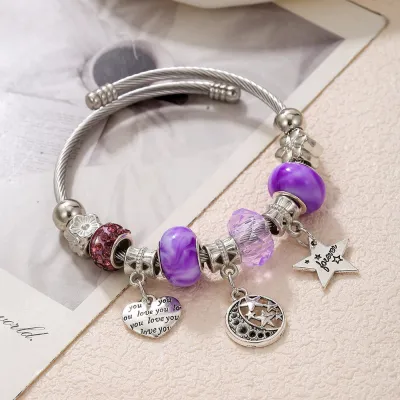 Women Fashion Lock Crown Pendant Beaded Elastic Bracelet