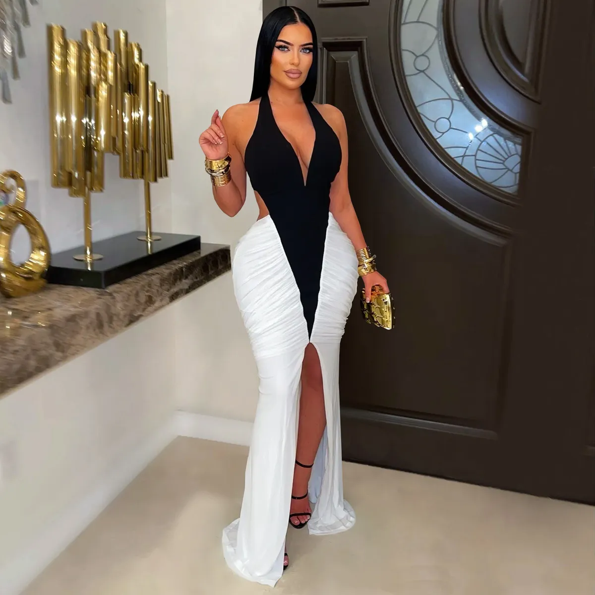 Women Fashion Sexy Color Block V-Neck Halter-Neck Split Backless Dress