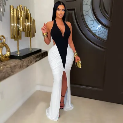 Women Fashion Sexy Color Block V-Neck Halter-Neck Split Backless Dress