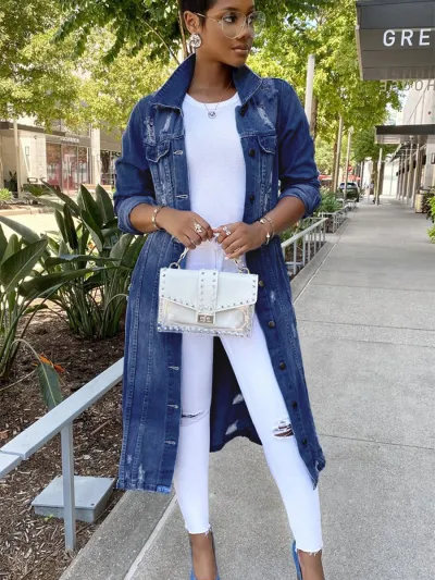 Women Fashion Casual Autumn And Winter Lapel Long-Sleeve Long Denim Coat