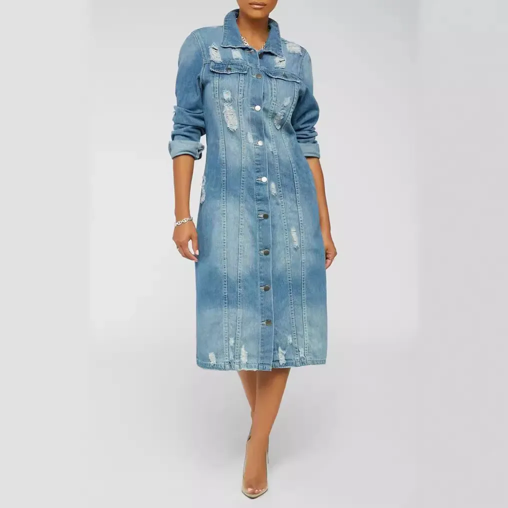 Women Fashion Casual Autumn And Winter Lapel Long-Sleeve Long Denim Coat