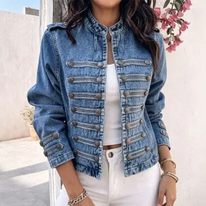 Women Fashion Casual Stand Collar Long-Sleeve Multi-Breasted Buttons Denim Jacket