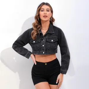 Women Fashion Solid Color Lapel Long-Sleeve Short Denim Jacket