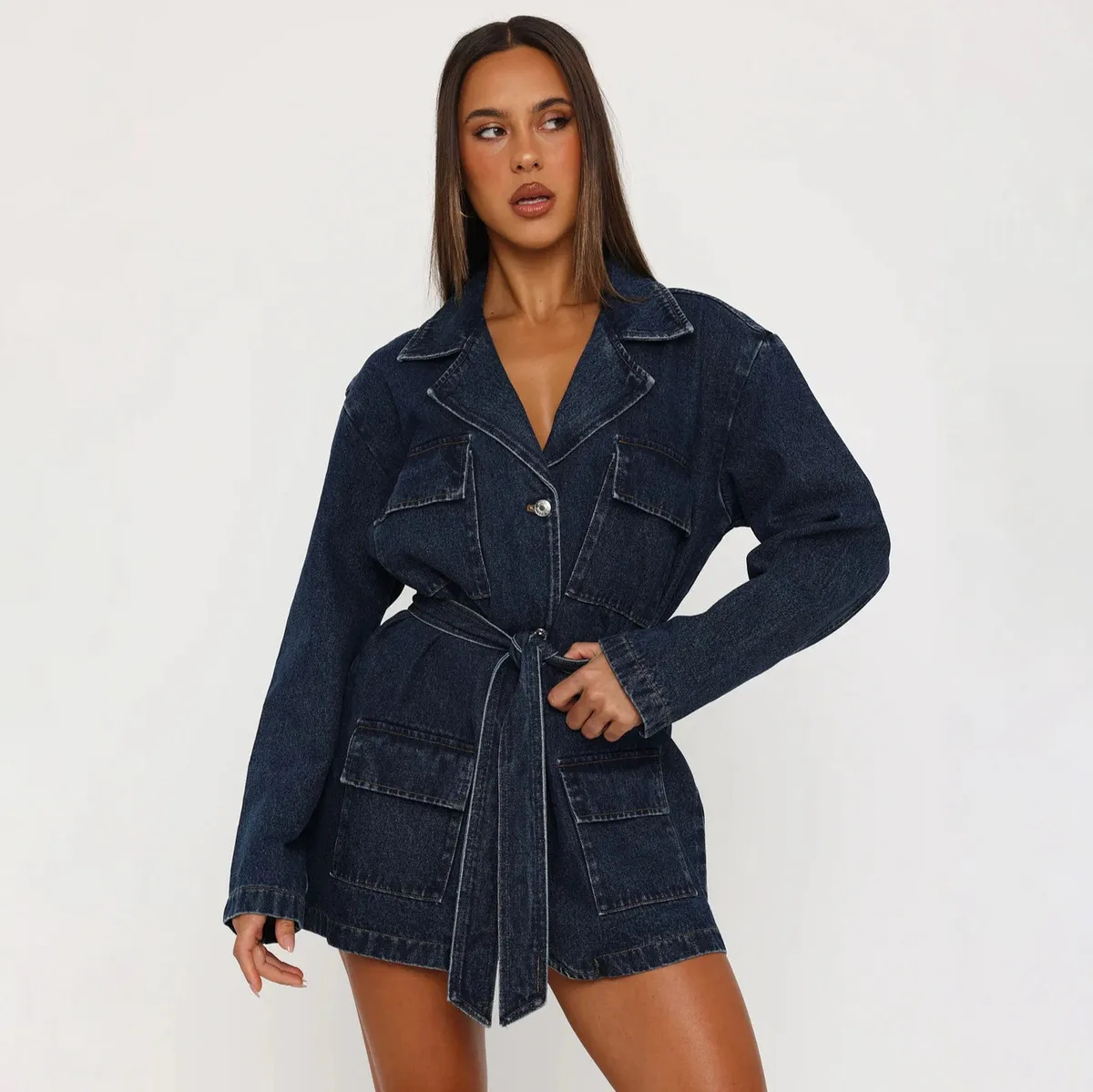 Women Fashion Casual Autumn Lapel Long-Sleeve Belt Denim Jacket