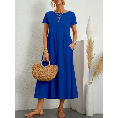 Women Fashion Casual Summer Solid Color Ice Silk Round Neck Short Sleeve Loose Dress