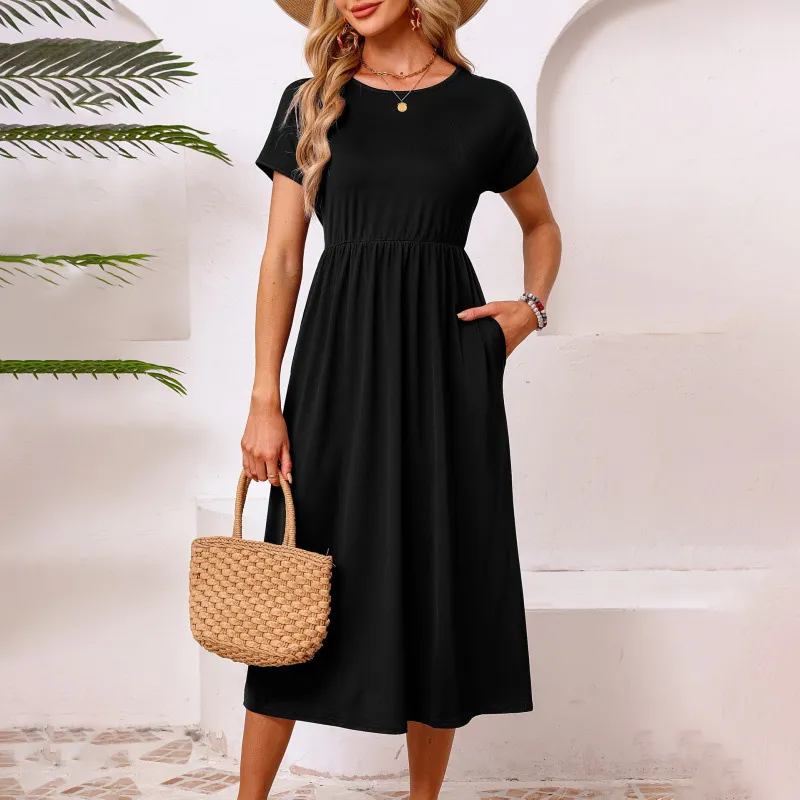 Women Fashion Casual Summer Solid Color Ice Silk Round Neck Short Sleeve Loose Dress