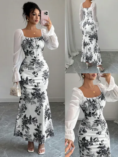 Women Fashion Sexy Elegant Summer Print Long-Sleeve Stitching Tight Waist Dress