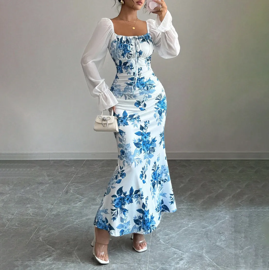 Women Fashion Sexy Elegant Summer Print Long-Sleeve Stitching Tight Waist Dress