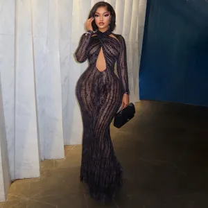 Women Fashion Sexy Printed Halter-Neck Long Sleeve Hollow-Out Dress