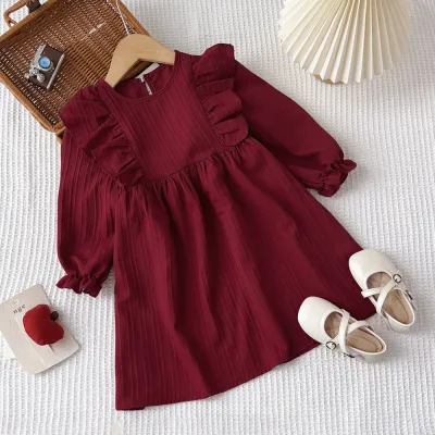 Kids Girls Fashion Casual Spring And Autumn Solid Color Long Sleeve Dress