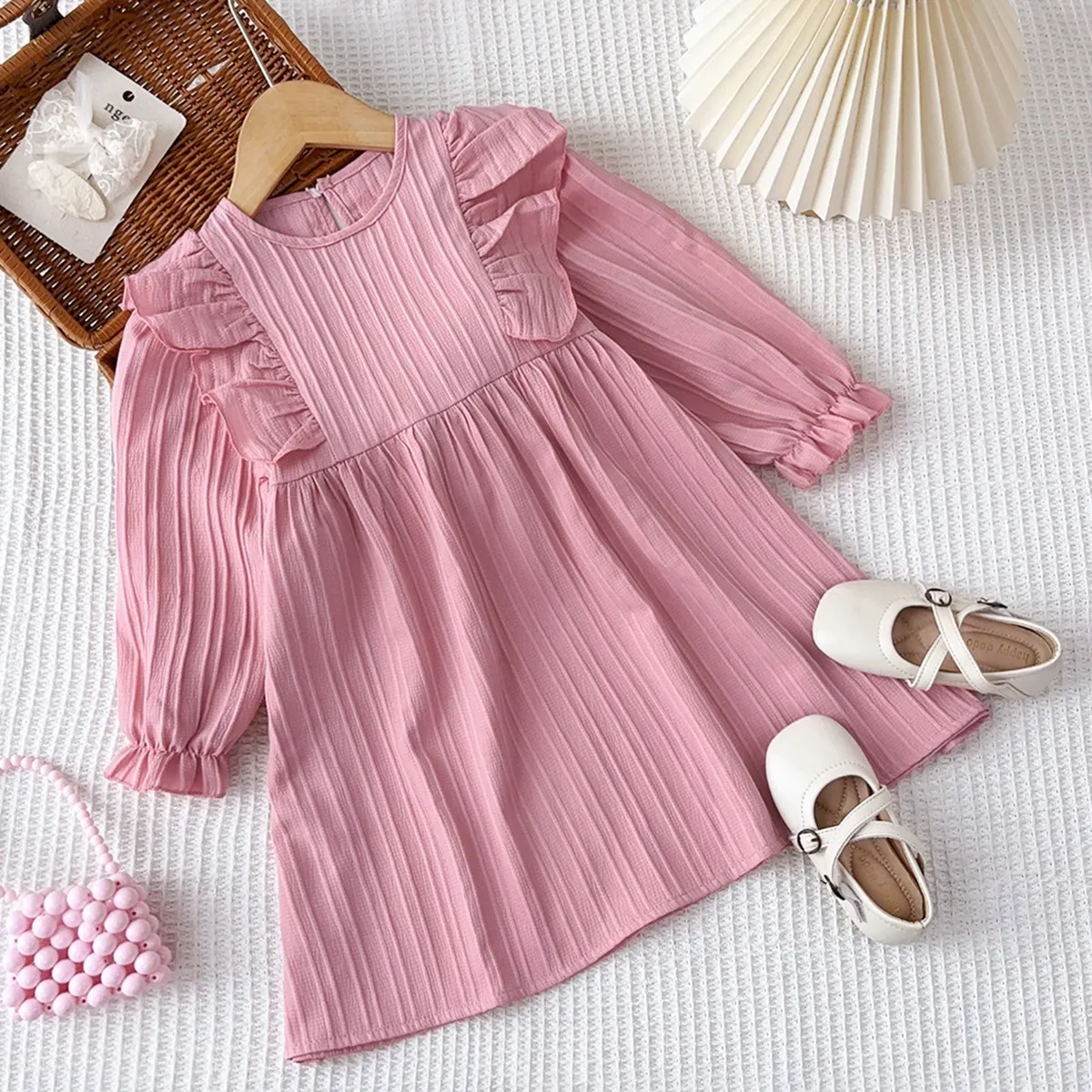 Kids Girls Fashion Casual Spring And Autumn Solid Color Long Sleeve Dress