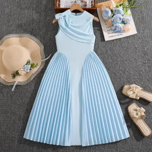 Kids Girls Fashion Solid Color Spring And Summer Sleeveless Stitching Pleated Waist Long Dress