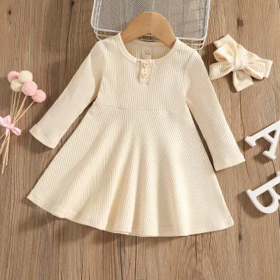Kids Girls Fashion Casual Spring And Autumn Solid Color Round Neck Open Button Long Sleeve Dress