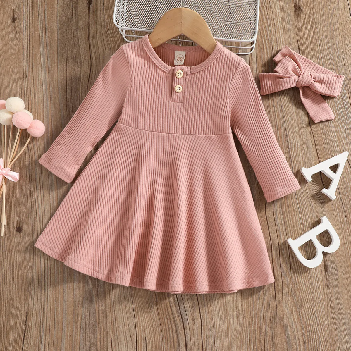 Kids Girls Fashion Casual Spring And Autumn Solid Color Round Neck Open Button Long Sleeve Dress