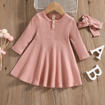 Kids Girls Fashion Casual Spring And Autumn Solid Color Round Neck Open Button Long Sleeve Dress