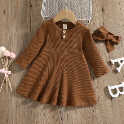 Kids Girls Fashion Casual Spring And Autumn Solid Color Round Neck Open Button Long Sleeve Dress