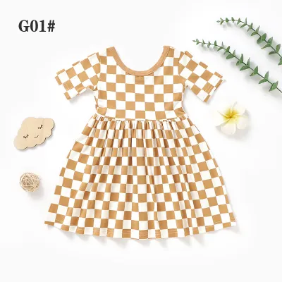 Kids Baby Fashion Casual Summer Plaid Printed Thin Cotton Bamboo Fiber Breathable Short-Sleeve Dress