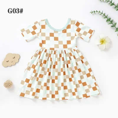 Kids Baby Fashion Casual Summer Plaid Printed Thin Cotton Bamboo Fiber Breathable Short-Sleeve Dress