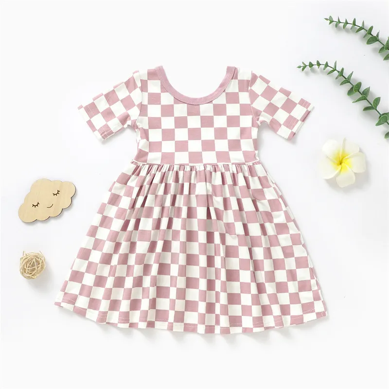 Kids Baby Fashion Casual Summer Plaid Printed Thin Cotton Bamboo Fiber Breathable Short-Sleeve Dress