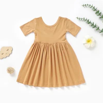 Kids Baby Fashion Casual Summer Solid Color Bamboo Fiber Short Sleeve Dress