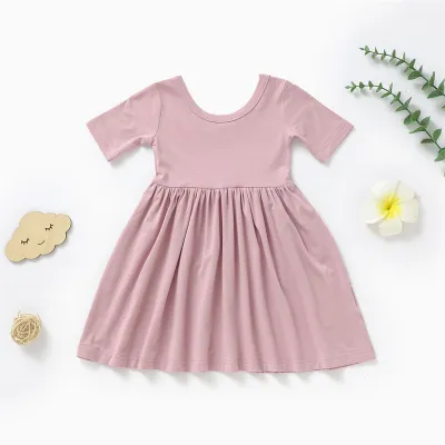 Kids Baby Fashion Casual Summer Solid Color Bamboo Fiber Short Sleeve Dress