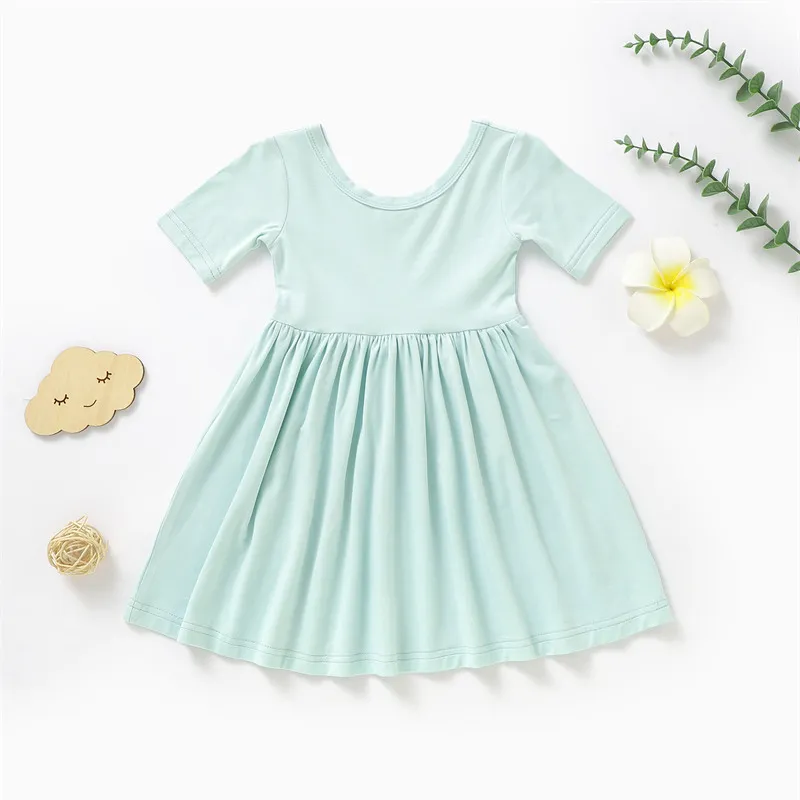 Kids Baby Fashion Casual Summer Solid Color Bamboo Fiber Short Sleeve Dress