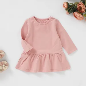 Kids Baby Girls Fashion Casual Solid Color Cotton Long-Sleeve Ruffled Dress