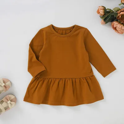 Kids Baby Girls Fashion Casual Solid Color Cotton Long-Sleeve Ruffled Dress