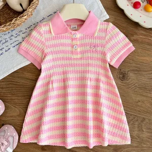 Kids Baby Girls Fashion Summer Stripe Texture Lapel Short Sleeve Dress