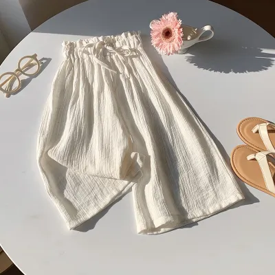 Kids Girl'S Fashion Casual Summer Solid Color Cotton Linen Breathable Loose Wide-Leg Pants